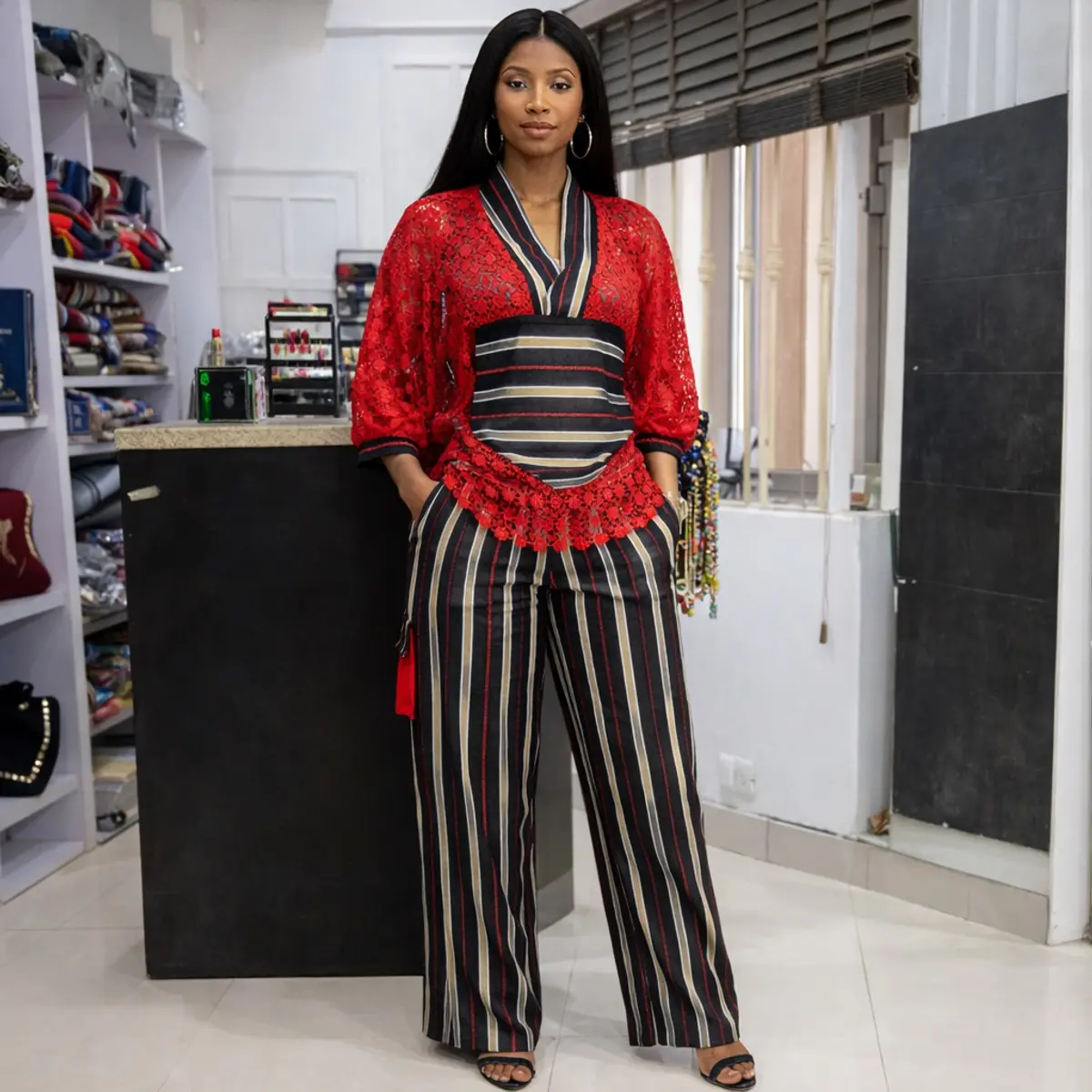 Two-Piece Handmade Aso Oke Blazer and Pants for Women